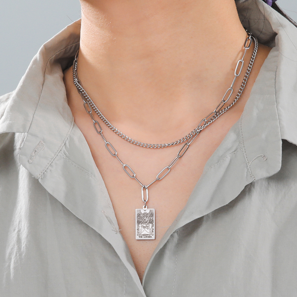 Engraved Tarot Card Chain Dual Chain Necklace - Stainless Steel Major Arcana