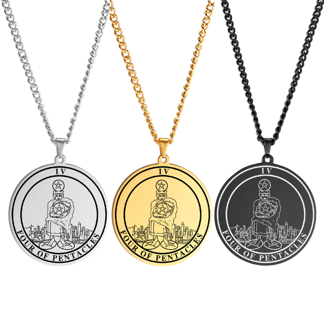 'Four of Pentacles' Tarot Card, Minor Arcana Round Pendant - Necklace | Jewelry