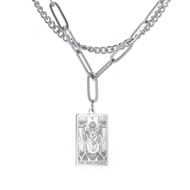 Engraved Tarot Card Chain Dual Chain Necklace - Stainless Steel Major Arcana