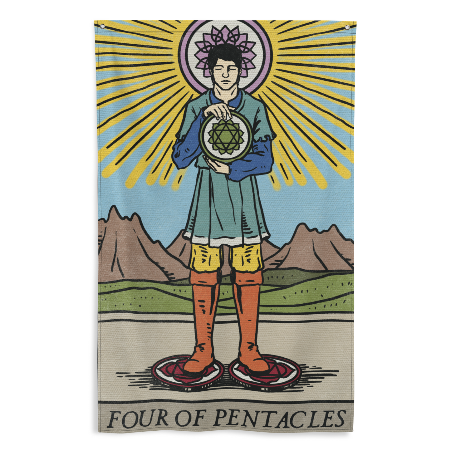 'Four of Pentacles' Chakra Design Flag Tapestry