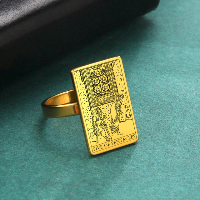 Engraved Tarot Card Ring - Stainless Steel Minor Arcana (Pentacles)