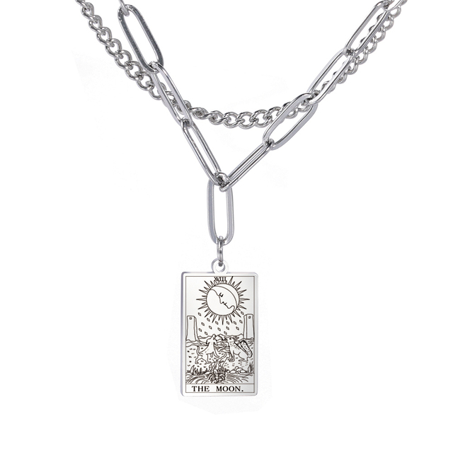 Engraved Tarot Card Chain Dual Chain Necklace - Stainless Steel Major Arcana