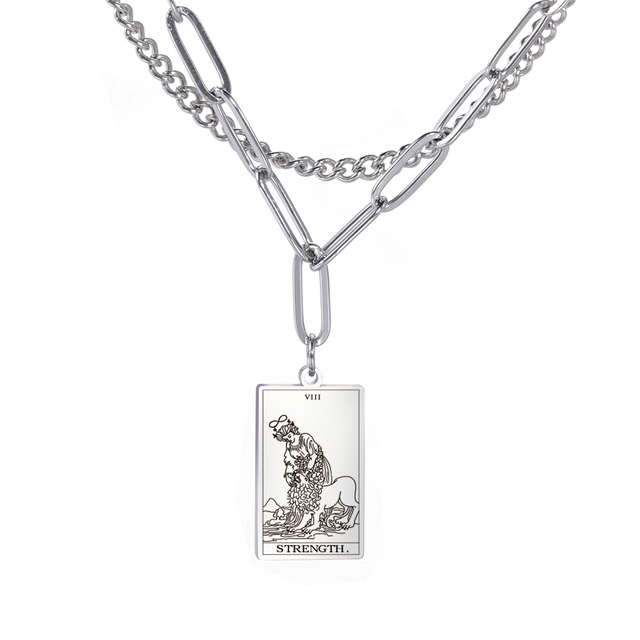 Engraved Tarot Card Chain Dual Chain Necklace - Stainless Steel Major Arcana