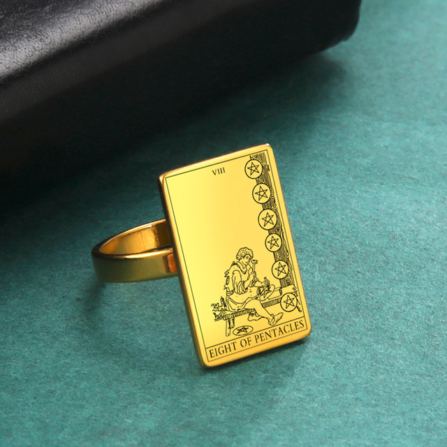 Engraved Tarot Card Ring - Stainless Steel Minor Arcana (Pentacles)