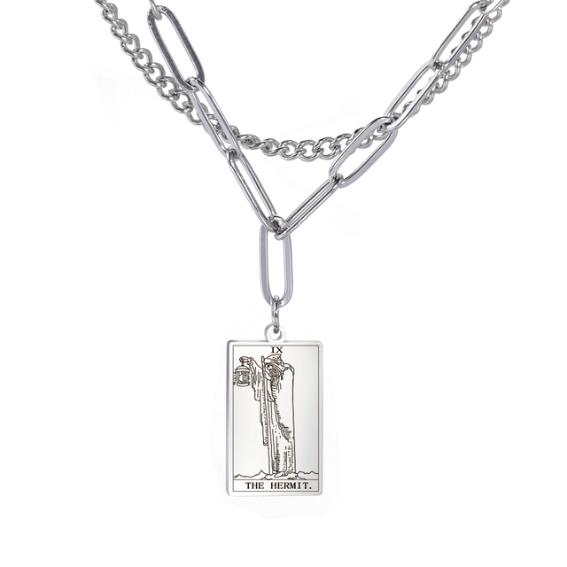 Engraved Tarot Card Chain Dual Chain Necklace - Stainless Steel Major Arcana