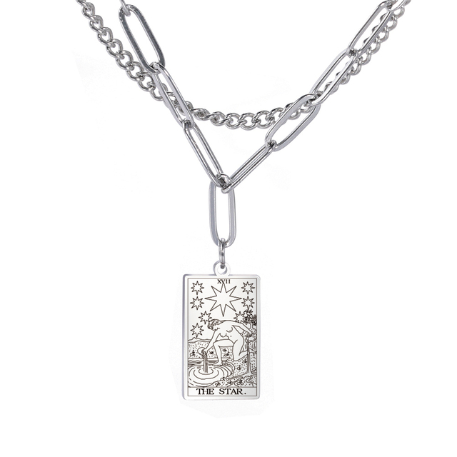 Engraved Tarot Card Chain Dual Chain Necklace - Stainless Steel Major Arcana