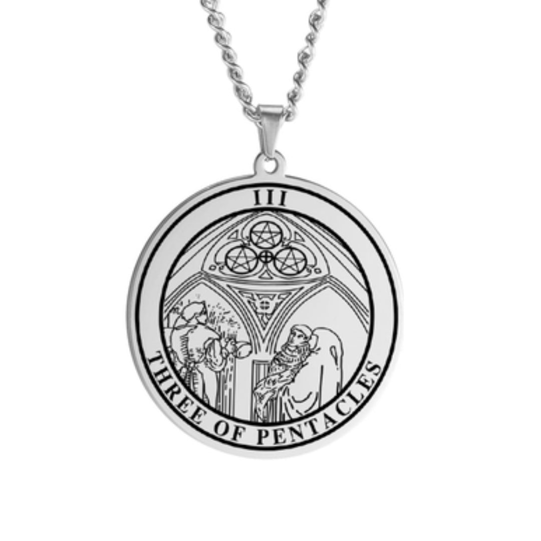 'Three of Pentacles' Tarot Card, Minor Arcana Round Pendant - Necklace | Jewelry