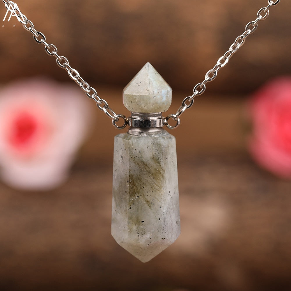 Natural Gems Stone Faceted Prism Perfume Bottle Pendants Necklace,Cut Hexagon Points Crystal Essential Oil Diffuser Vial Charms