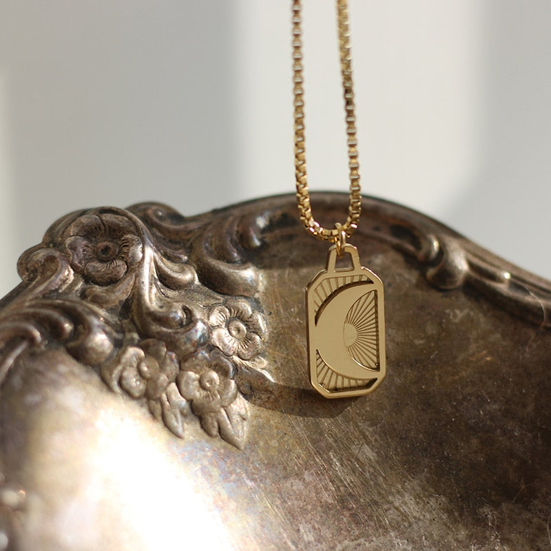 'Sun & Moon Mirage' Gold Necklace & Pendant | Astrology & Tarot Card Necklace