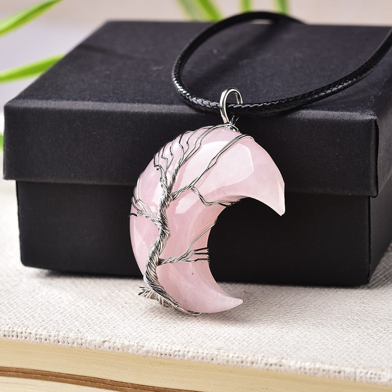 Natural Crystal Quarter Moon Pendant | Spiritual Elemental Jewelry