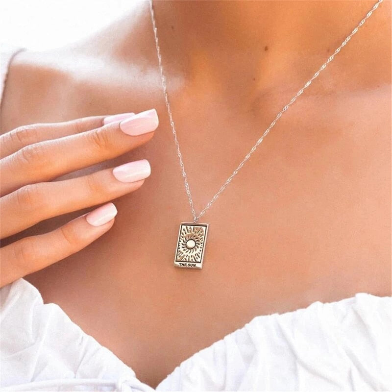 Carved Silver Tarot Card Necklace & Ring | The Sun, The Moon, The Empress