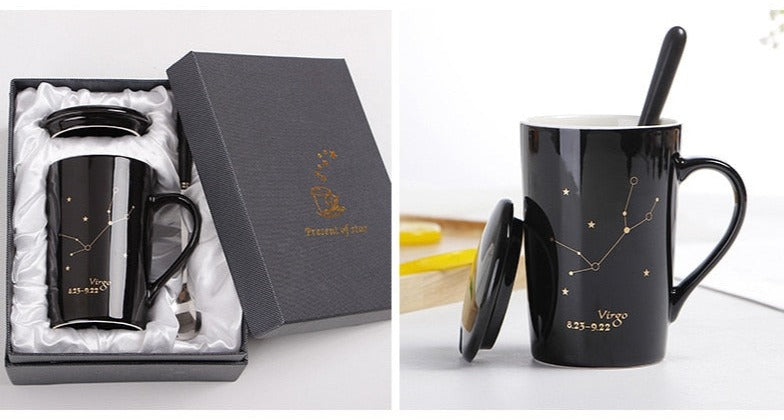 12 Constellations, Astrology - Zodiac Ceramic Mugs with Spoon Lid | 400ml Coffee Cup