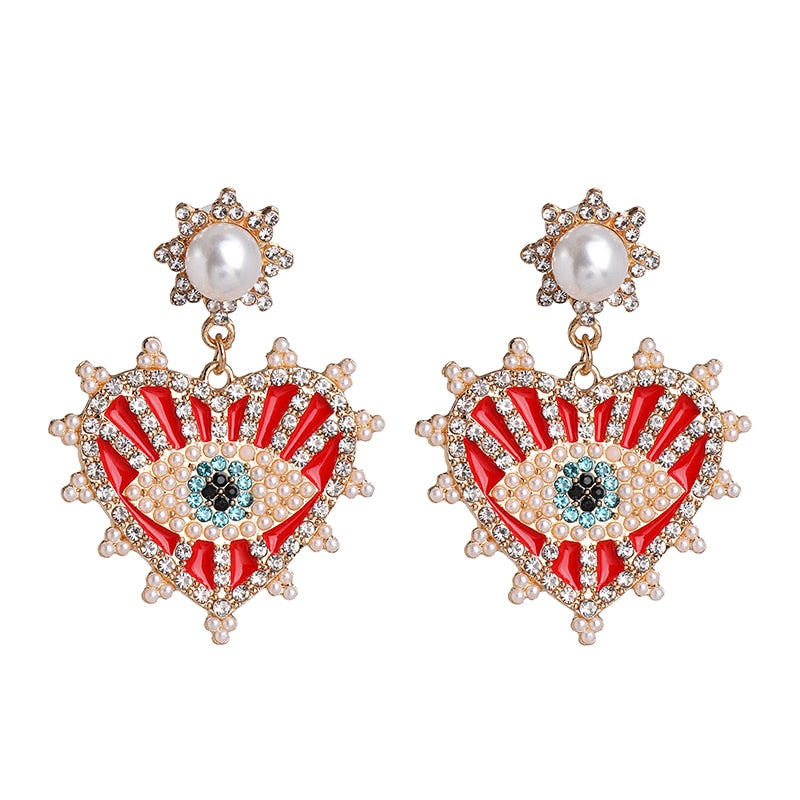 Evil Eye Crystal Heart Drop Earrings | Spiritual Jewelry