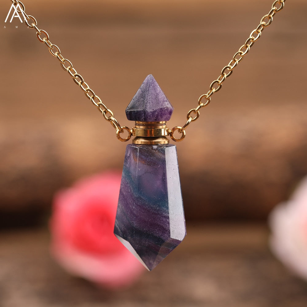 Natural Gems Stone Faceted Prism Perfume Bottle Pendants Necklace,Cut Hexagon Points Crystal Essential Oil Diffuser Vial Charms