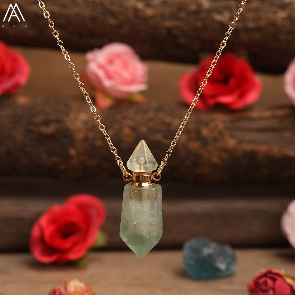 Natural Gems Stone Faceted Prism Perfume Bottle Pendants Necklace,Cut Hexagon Points Crystal Essential Oil Diffuser Vial Charms