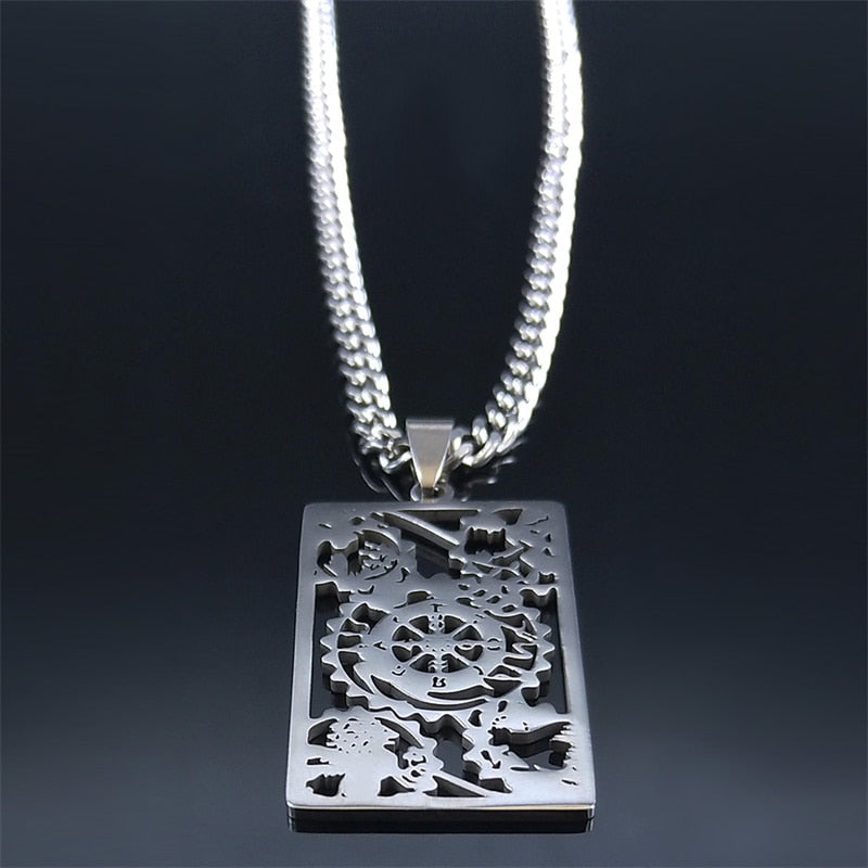 Stainless Steel 'Wheel Of Fortune Tarot Card Necklace | Rider-Waite-Smith Jewelry