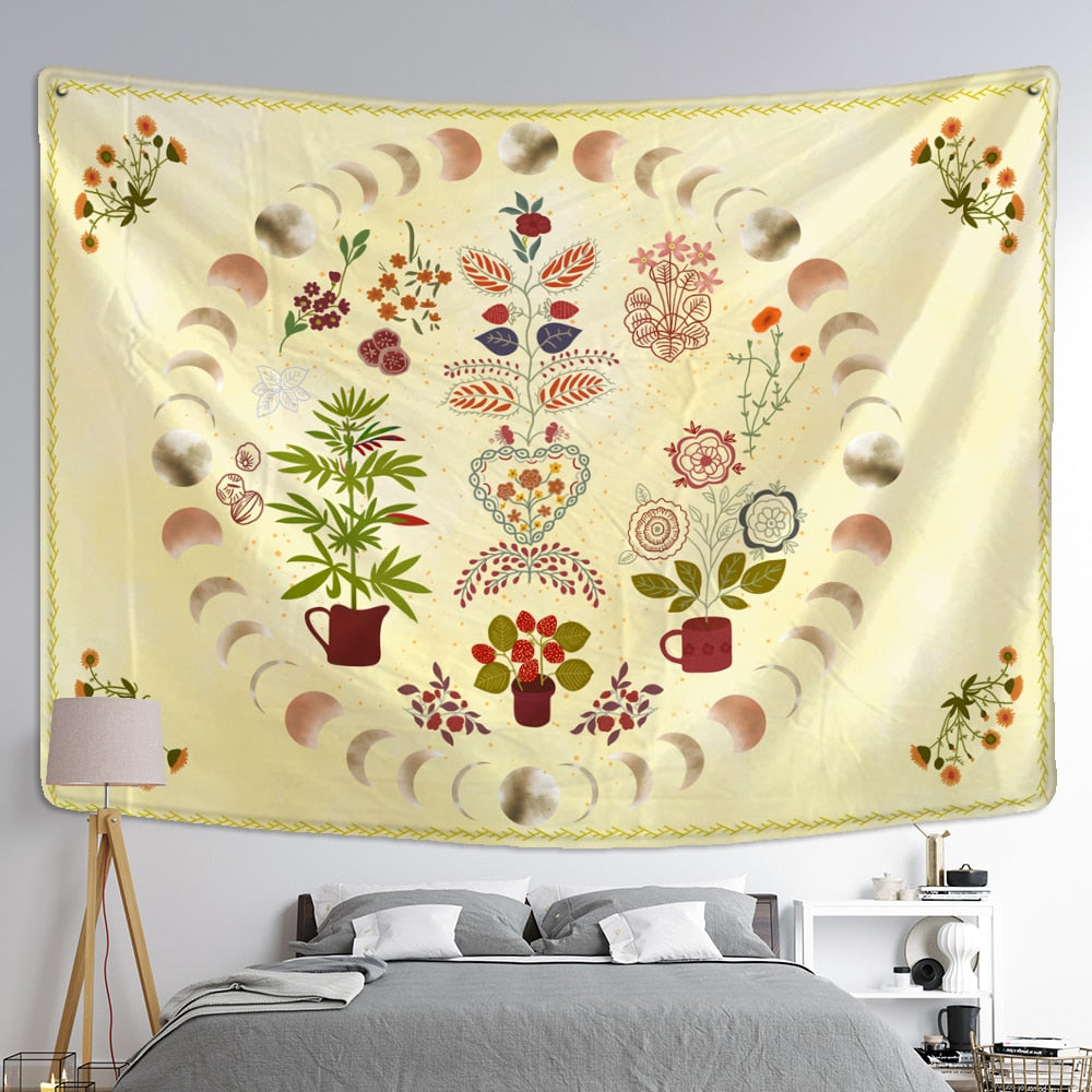 Moon Phase Tapestry Wall Hanging Plants Celestial Flowers Starry Sky Bohemian Witchcraft Hippie Home Decor
