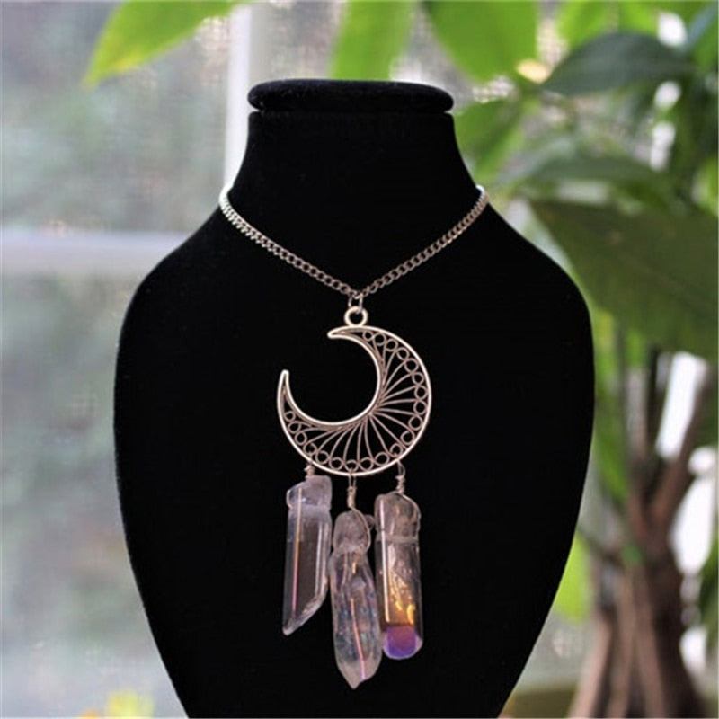 Natural Crystal Stone Crescent Moon Necklace | Clestial, Gothic, Spiritual Style
