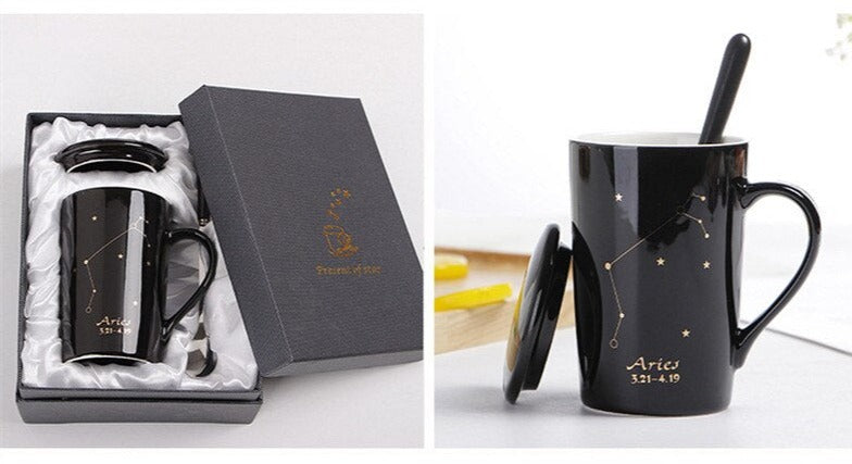 12 Constellations, Astrology - Zodiac Ceramic Mugs with Spoon Lid | 400ml Coffee Cup