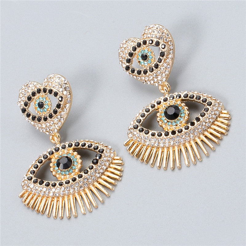 Evil Eye Gold Crystal Heart Drop Earrings | Spiritual Jewelry