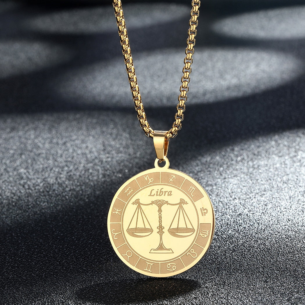 Stainless Steel Zodiac Sign Engraved Necklace | 12 Constellations