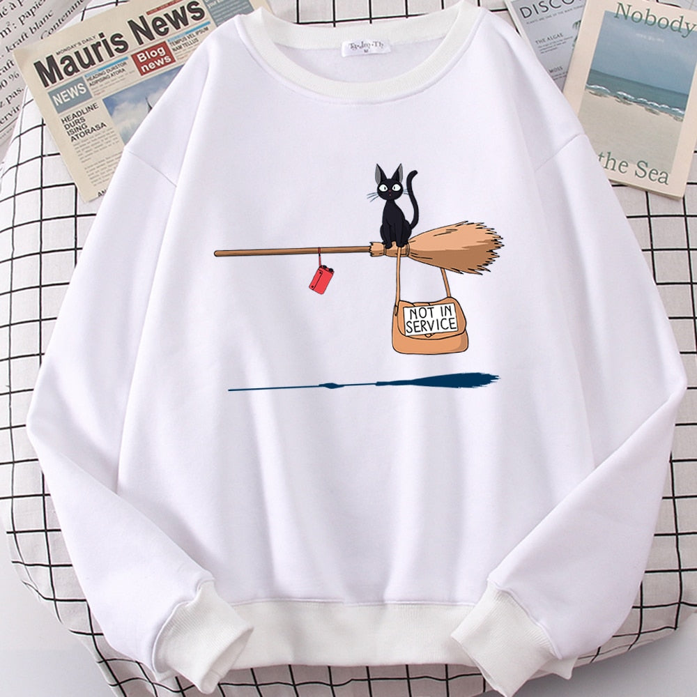 Cute Cat 'Not In Service' Print Hoodies | Casual Crewneck Sweatshirt for Women & Witches