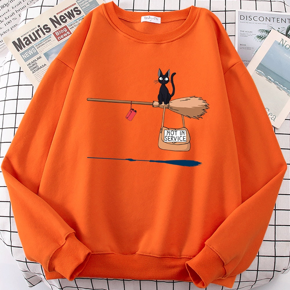 Cute Cat 'Not In Service' Print Hoodies | Casual Crewneck Sweatshirt for Women & Witches