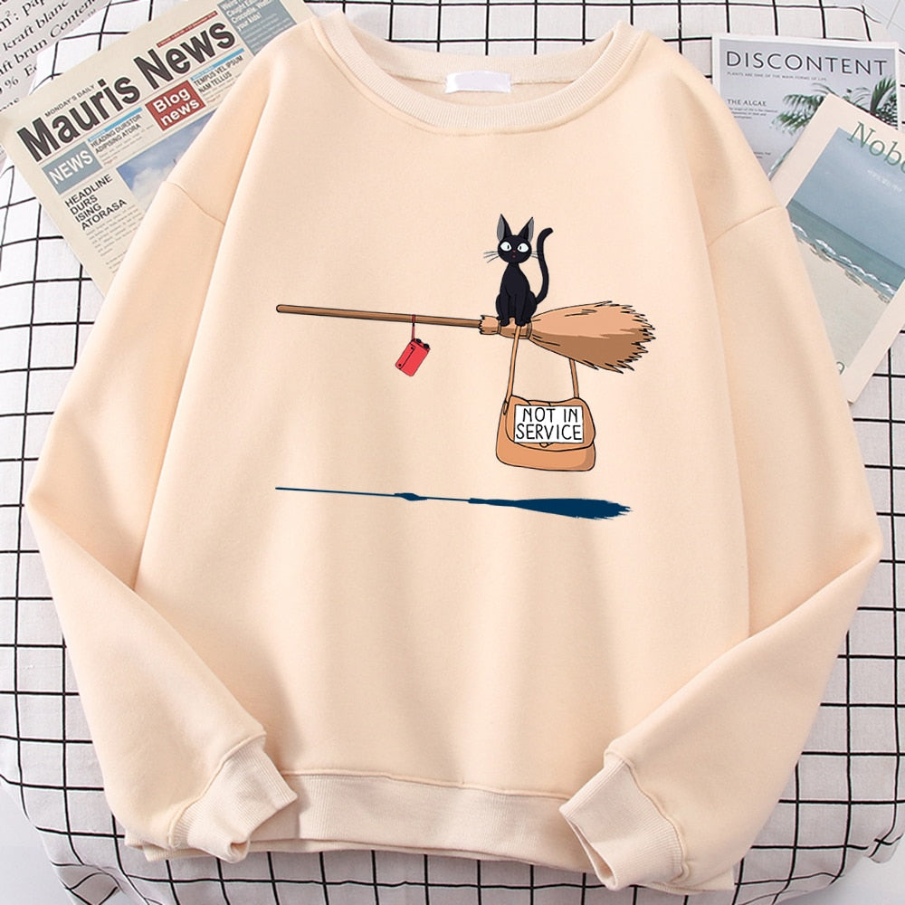 Cute Cat 'Not In Service' Print Hoodies | Casual Crewneck Sweatshirt for Women & Witches