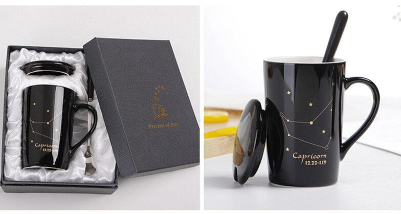 12 Constellations, Astrology - Zodiac Ceramic Mugs with Spoon Lid | 400ml Coffee Cup