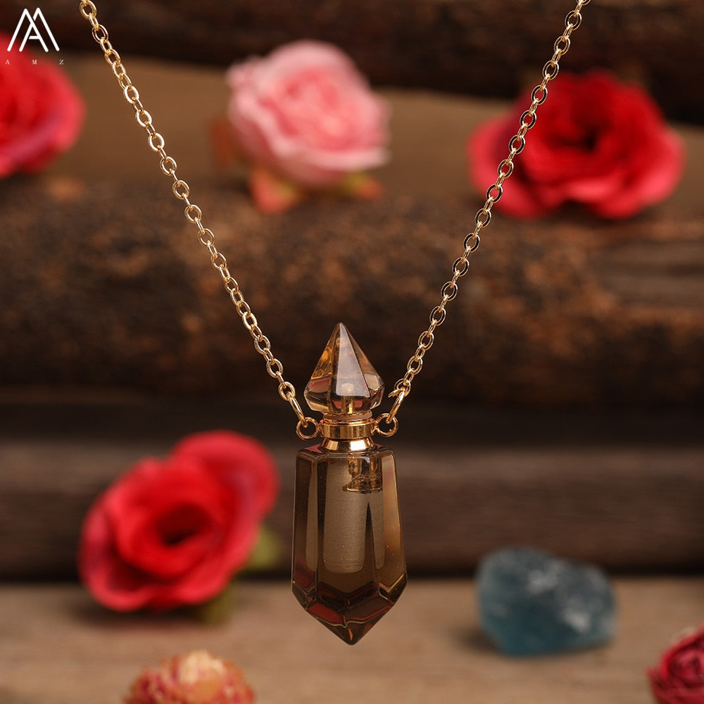 Natural Gems Stone Faceted Prism Perfume Bottle Pendants Necklace,Cut Hexagon Points Crystal Essential Oil Diffuser Vial Charms