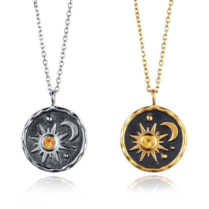 Sun, Moon Stainless Steel Tarot Card Symbol Necklace | Gold & Silver