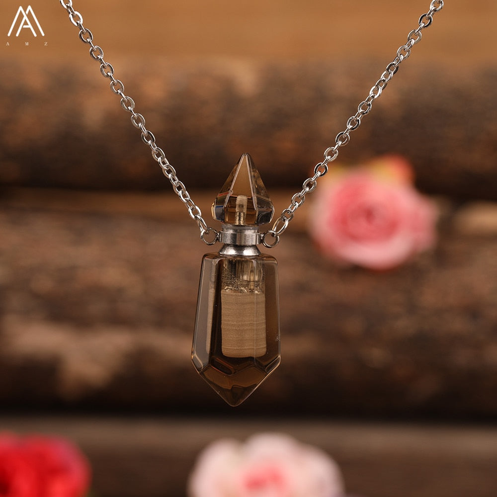 Natural Gems Stone Faceted Prism Perfume Bottle Pendants Necklace,Cut Hexagon Points Crystal Essential Oil Diffuser Vial Charms