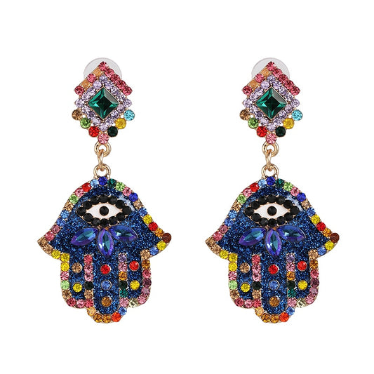 Hamza Evil Eye Crystal Drop Earrings (Blue) | Spiritual Jewelry