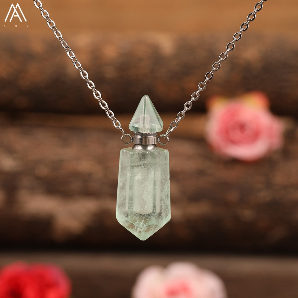 Natural Gems Stone Faceted Prism Perfume Bottle Pendants Necklace,Cut Hexagon Points Crystal Essential Oil Diffuser Vial Charms