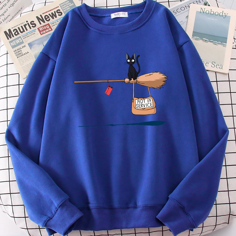 Cute Cat 'Not In Service' Print Hoodies | Casual Crewneck Sweatshirt for Women & Witches