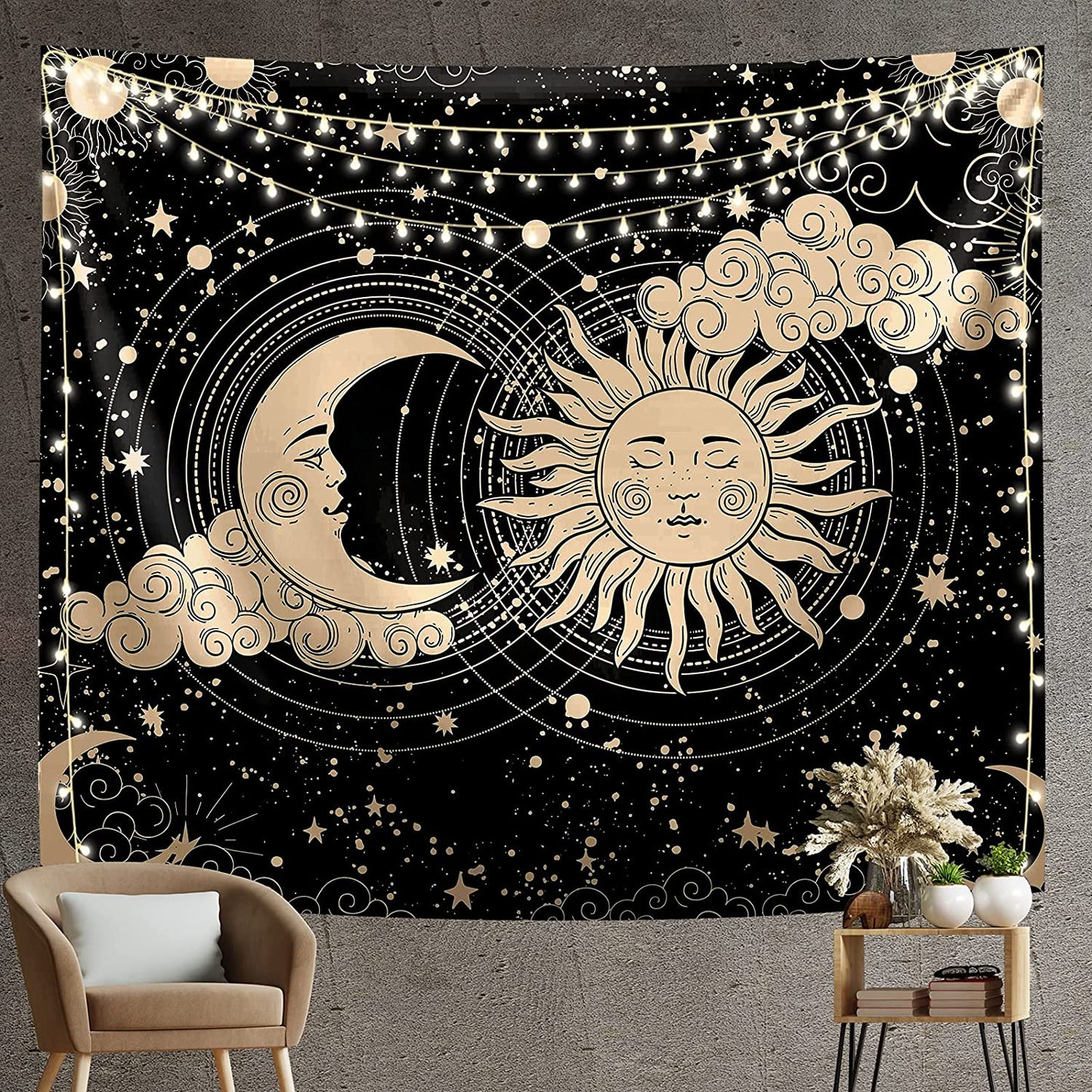Sun and Moon Tapestry Aesthetic Starry Sky Tapestry Black Dark Spiritual Tapestries Wall Hanging Room Decor for Bedroom Livingro