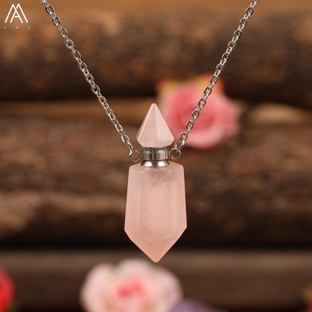 Natural Gems Stone Faceted Prism Perfume Bottle Pendants Necklace,Cut Hexagon Points Crystal Essential Oil Diffuser Vial Charms