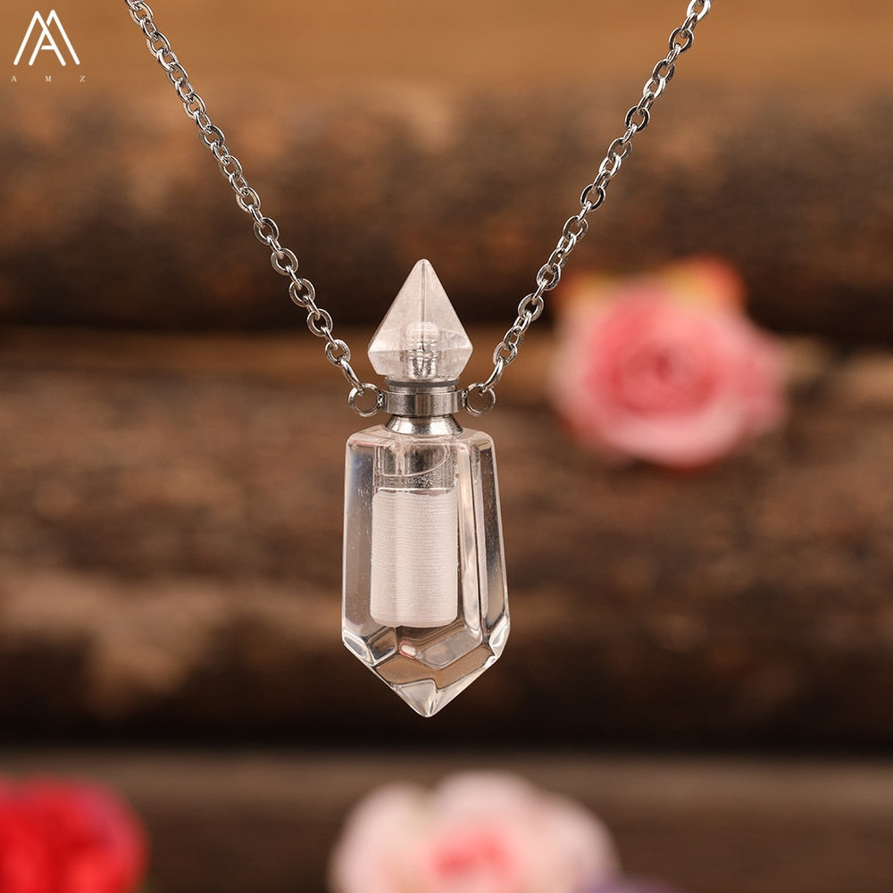 Natural Gems Stone Faceted Prism Perfume Bottle Pendants Necklace,Cut Hexagon Points Crystal Essential Oil Diffuser Vial Charms