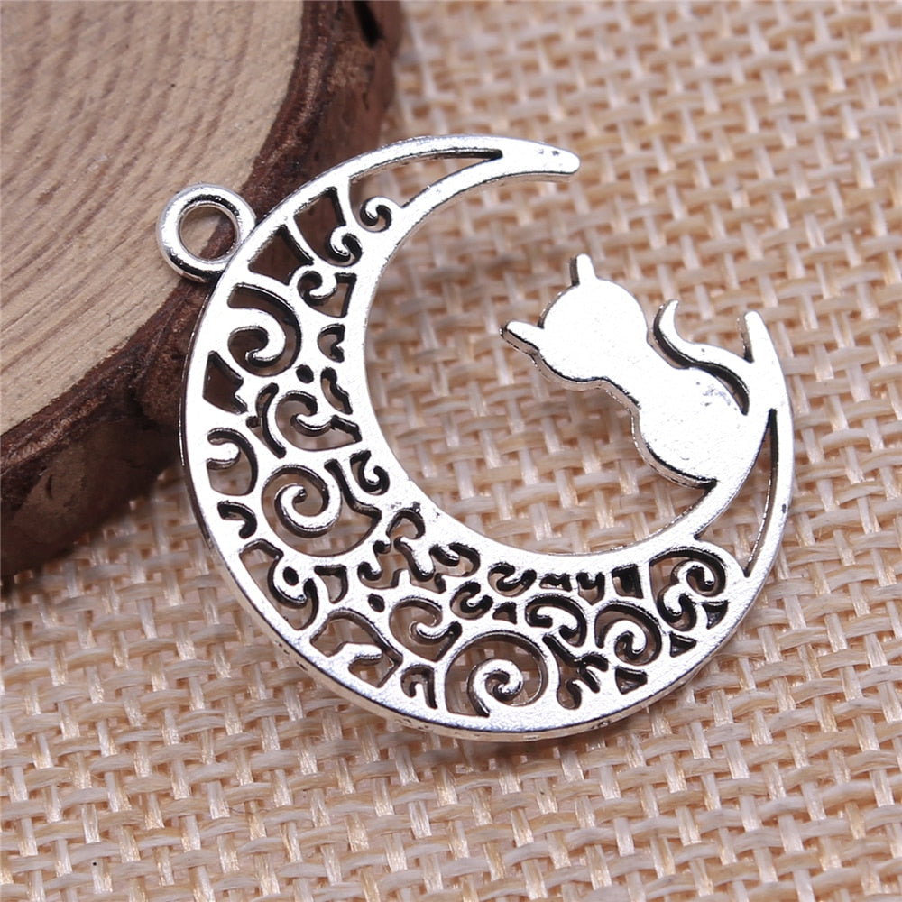 Antique Silver Moon Cat Charms - Pendant | For Jewelry Making, DIY Jewelry