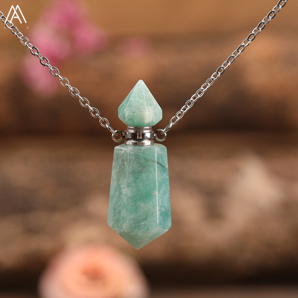 Natural Gems Stone Faceted Prism Perfume Bottle Pendants Necklace,Cut Hexagon Points Crystal Essential Oil Diffuser Vial Charms