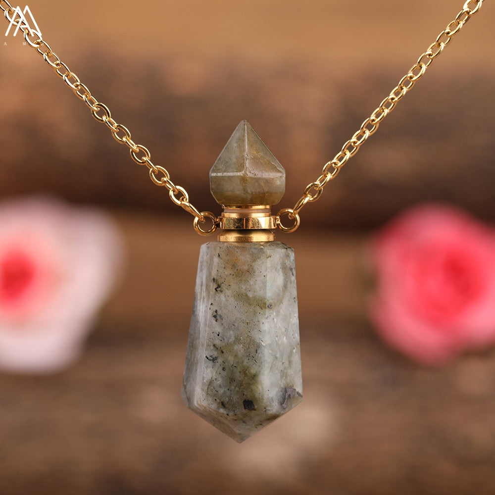 Natural Gems Stone Faceted Prism Perfume Bottle Pendants Necklace,Cut Hexagon Points Crystal Essential Oil Diffuser Vial Charms