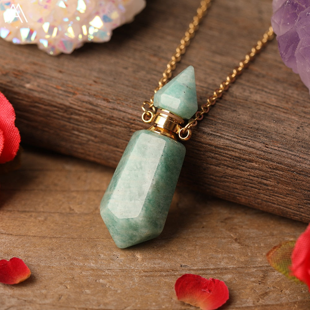 Natural Gems Stone Faceted Prism Perfume Bottle Pendants Necklace,Cut Hexagon Points Crystal Essential Oil Diffuser Vial Charms