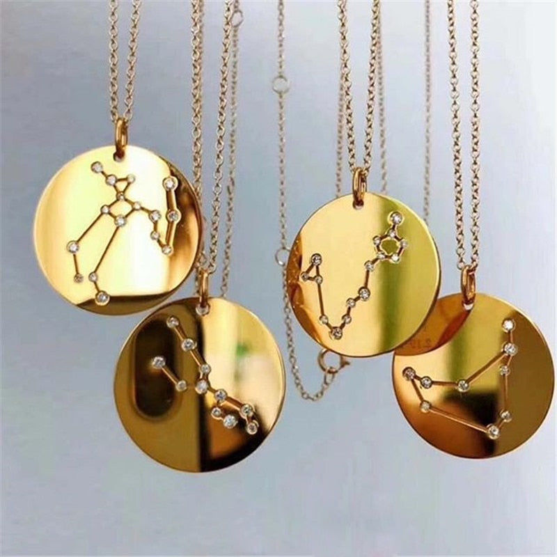 Minimalist Zodiac Sign Necklace | Gold/Silver 12 Constellations, Astrology Rhinestone Pendant