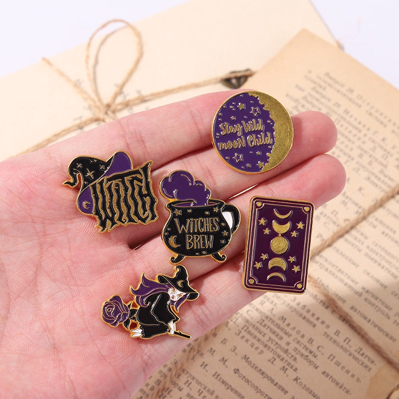 Witch Enamel Pin | Witchcraft Brooch & Tarot Cards, Moon Phase, Witches Hat