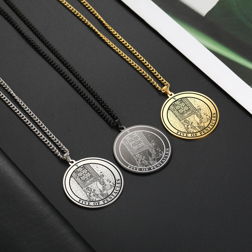 'Five of Pentacles' Tarot Card, Minor Arcana Round Pendant - Necklace | Jewelry