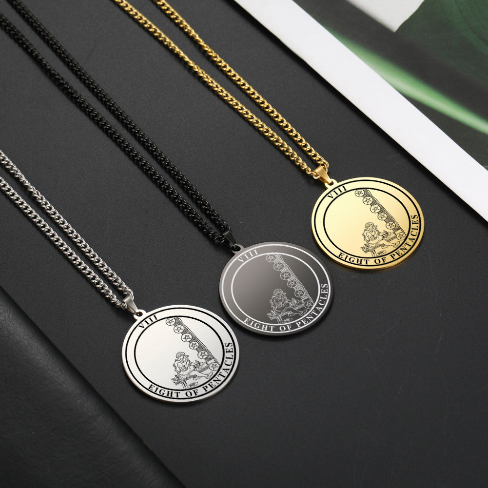 'Eight of Pentacles' Tarot Card, Minor Arcana Round Pendant - Necklace | Jewelry