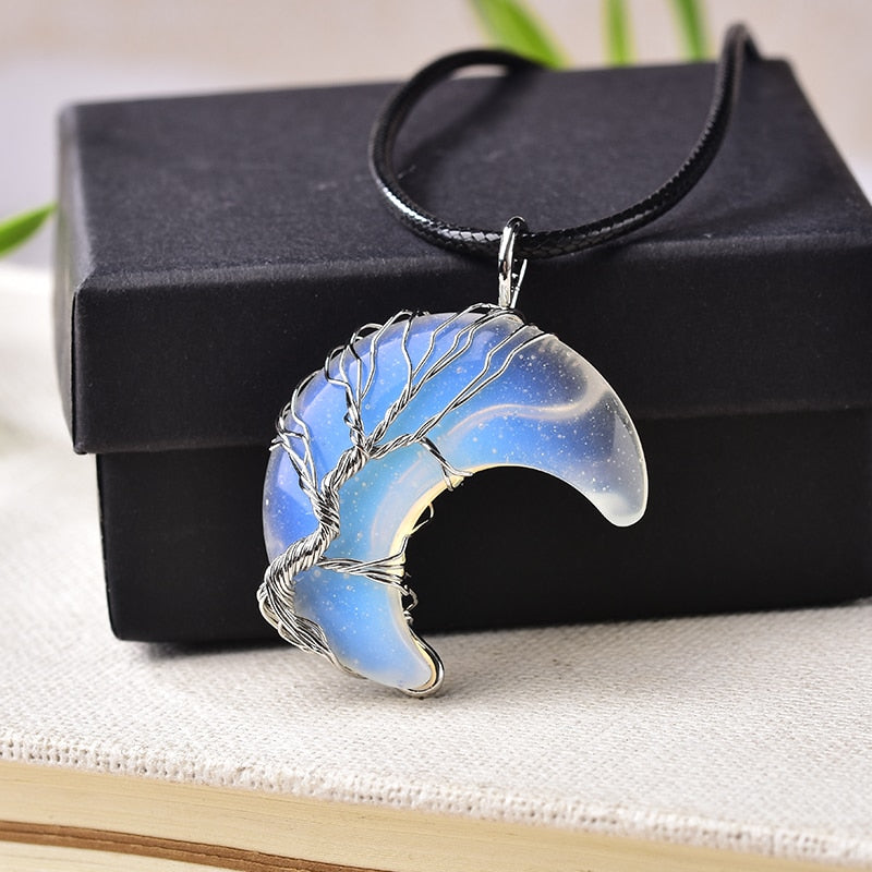 Natural Crystal Quarter Moon Pendant | Spiritual Elemental Jewelry