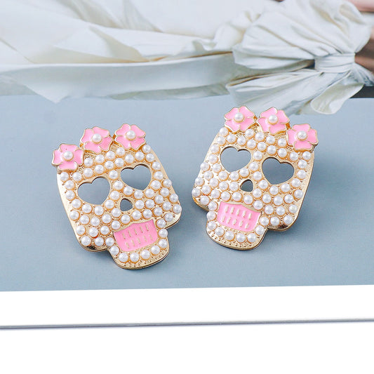 Crystal Pearl Skull Earring Set | Spiritual, Witchy Jewelry
