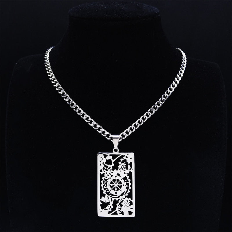 Stainless Steel 'Wheel Of Fortune Tarot Card Necklace | Rider-Waite-Smith Jewelry