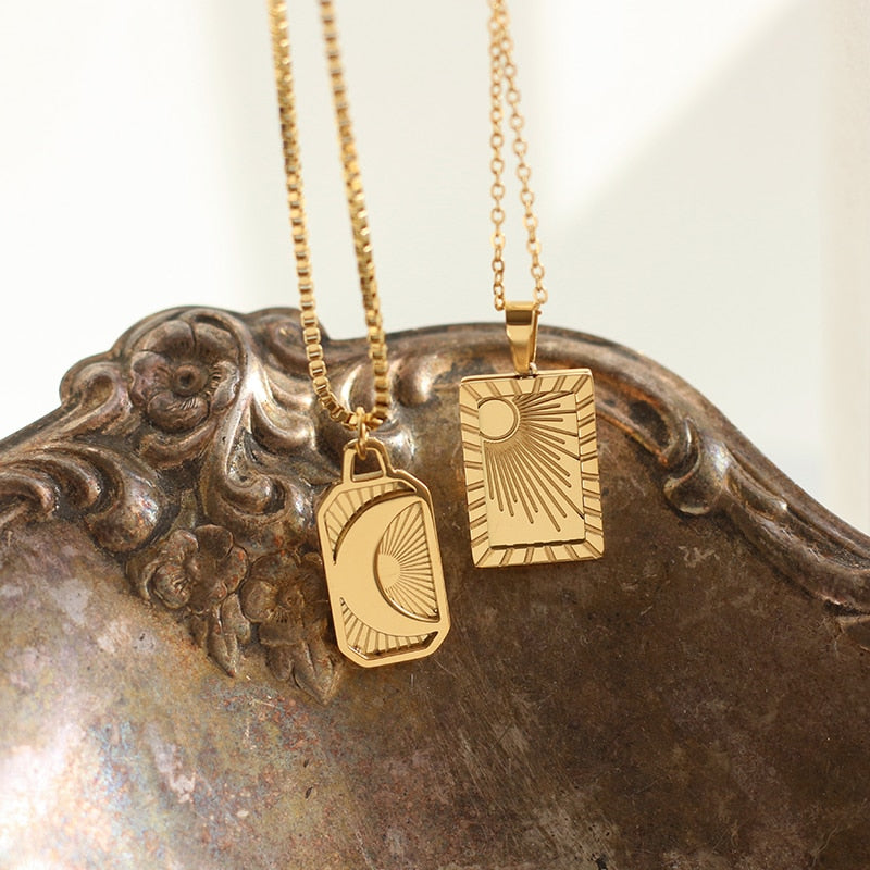 'Sun & Moon Mirage' Gold Necklace & Pendant | Astrology & Tarot Card Necklace